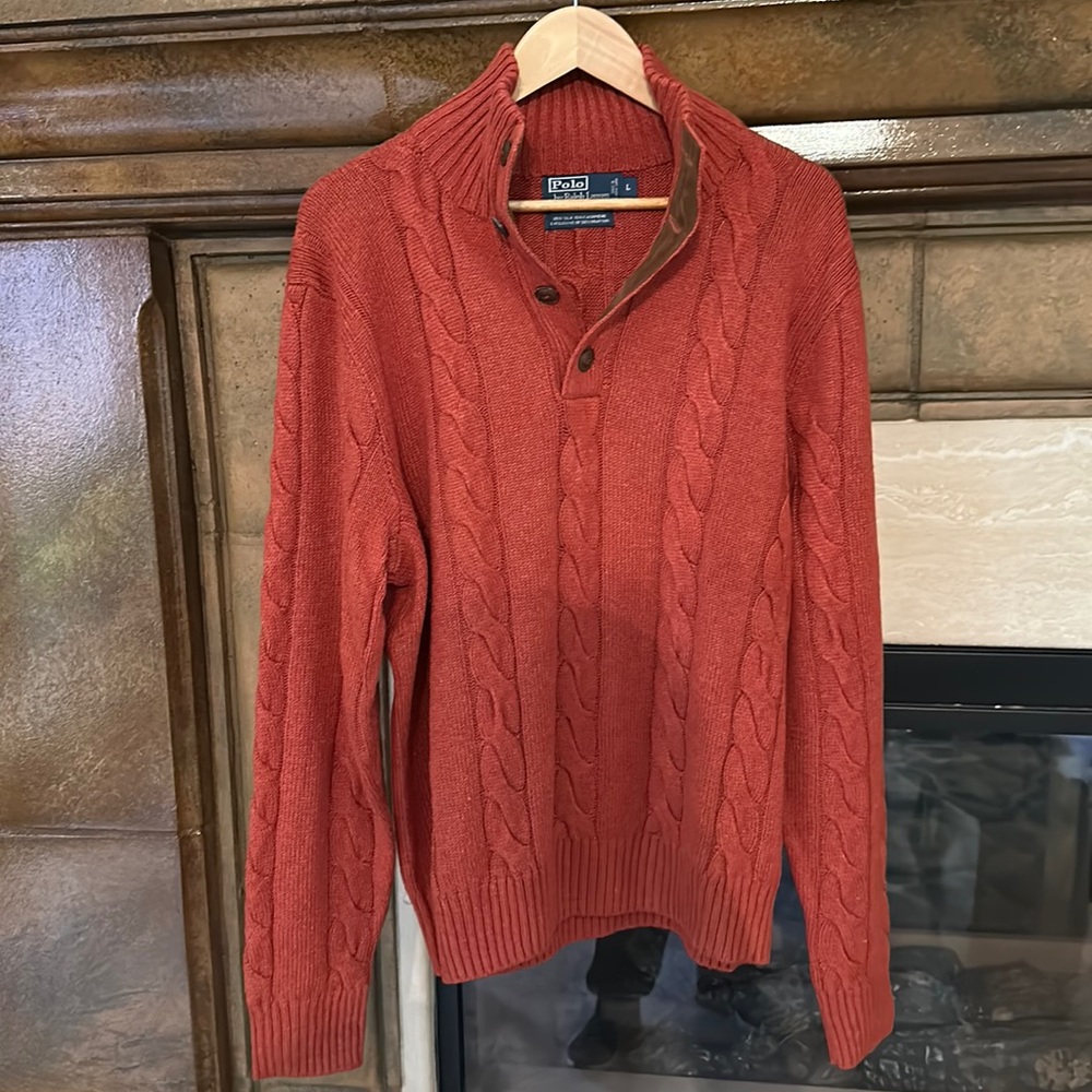 Polo Ralph Lauren Sweater - cable knit with suede rim and buttons